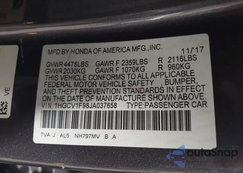 2018 Honda Accord Touring from USA, damaged, VIN 1HGCV1F98JA037658
